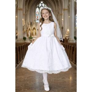 NEW Girls First Holy Communion Dress Size 6 - Emb Tulle Tea-length Sequins
